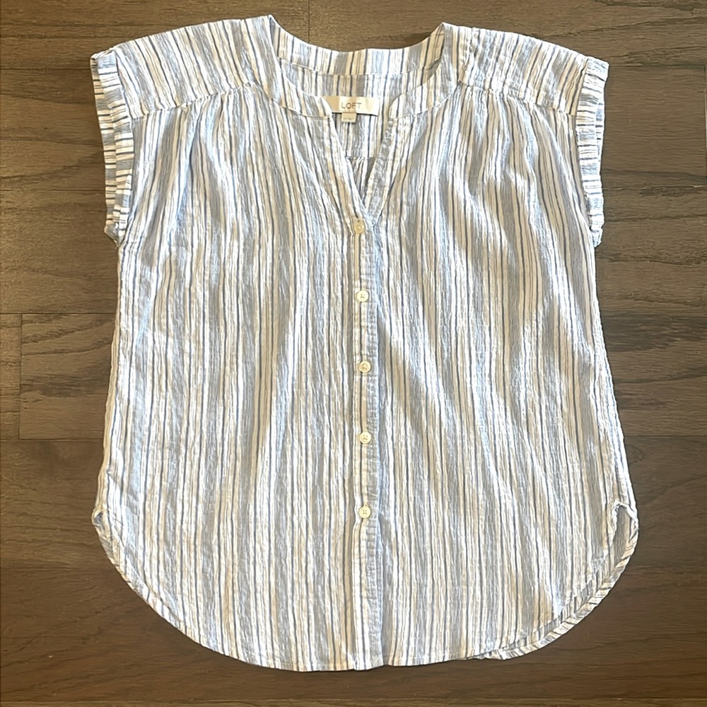 LOFT Blue and White Striped Split Neck Top - Size XS
